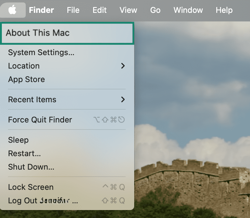 Apple menu opened showing the About This Mac option highlighted.