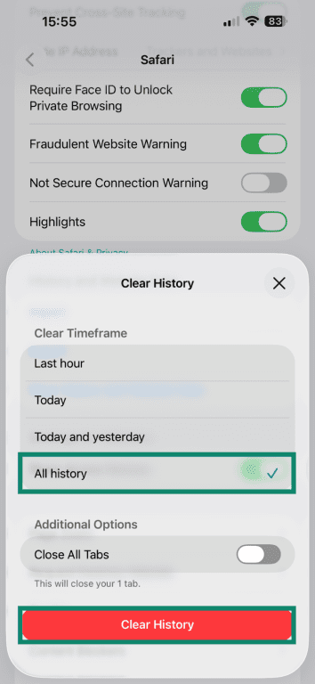 Safari's iOS dialog box that lets you delete history.