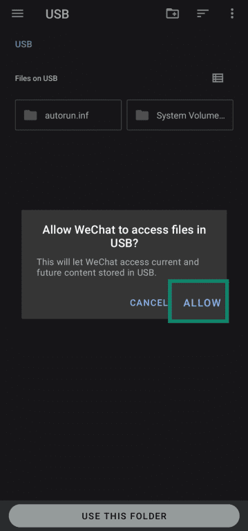 Allowing WeChat to access external storage device for backup.