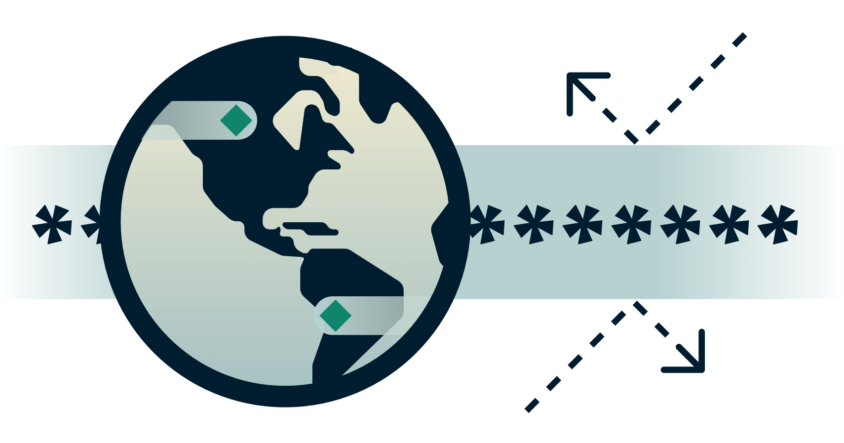 Globo terráqueo con un túnel encriptado con flechas rebotando en él.