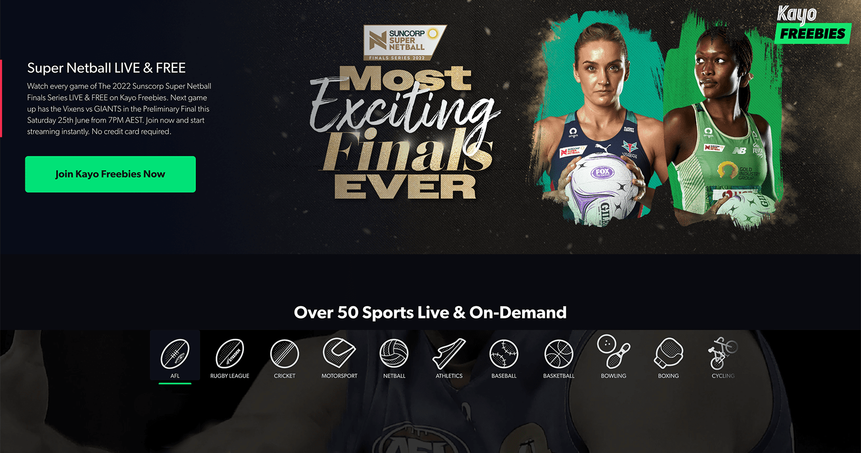 Kayo Sports dashboard UI.