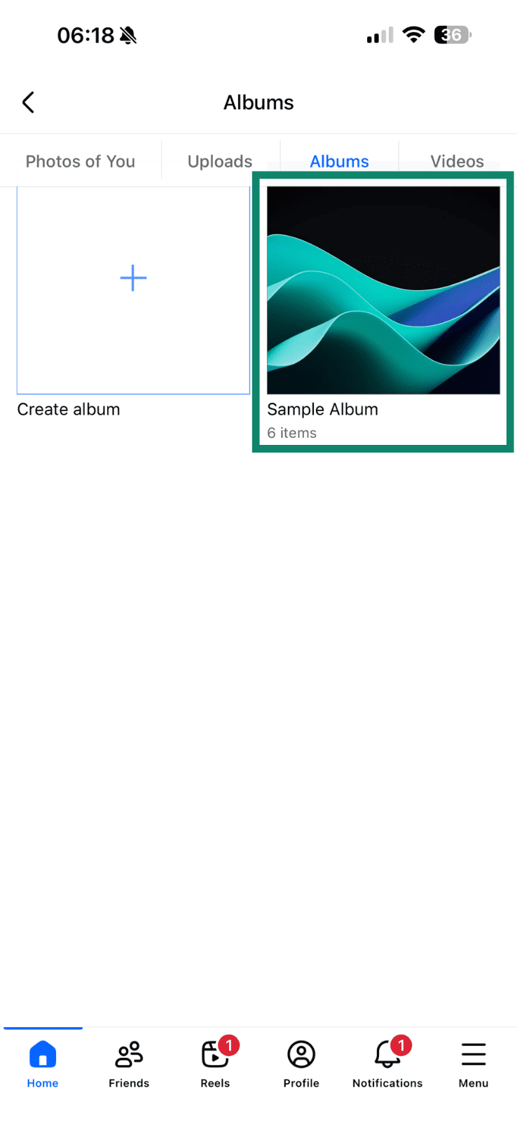 The Albums view on the Facebook mobile app.