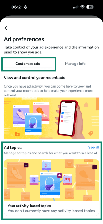 The "Customize Ads" and "Ad Topics" menus on Facebook mobile.