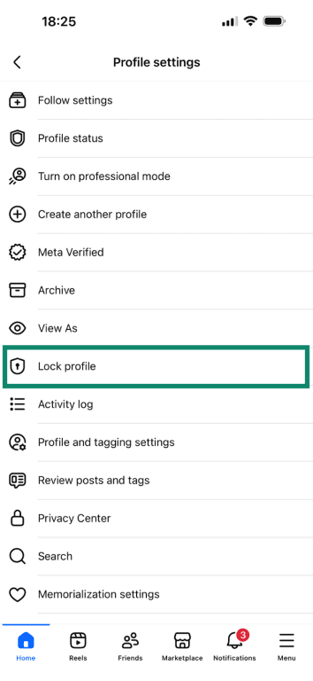 The Profile Settings menu on Facebook Mobile with "Lock Profile" highlighted.