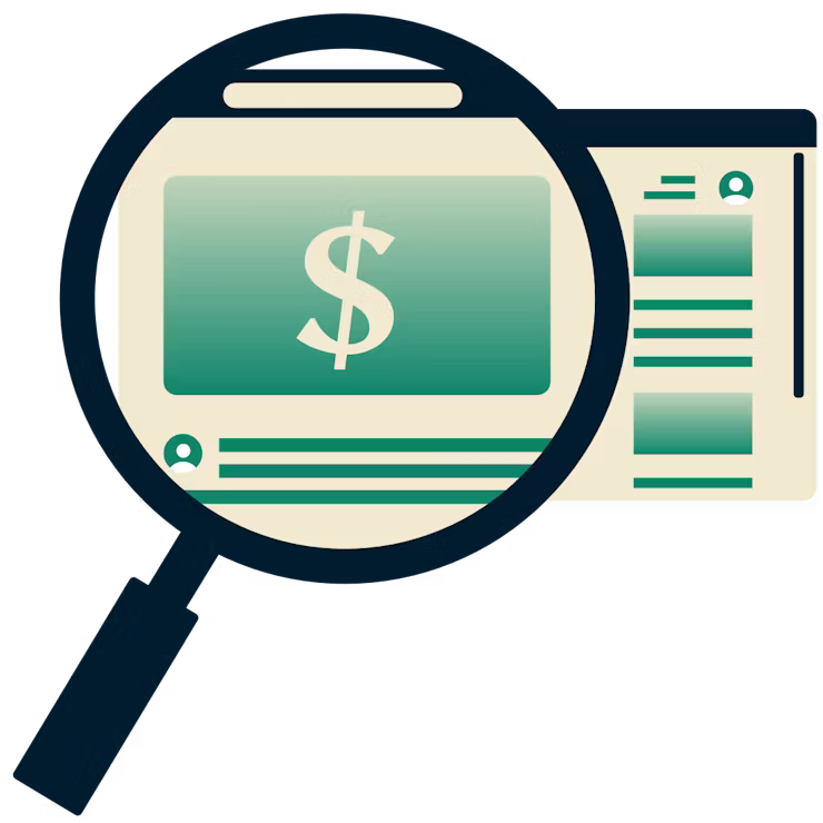 Suurennuslasi selainikkunan yllä, jossa näkyy tarjouksia verkossa.