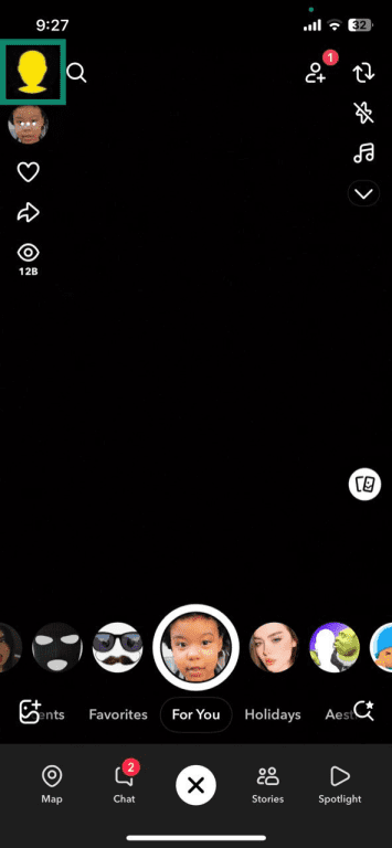 Snapchat app Stories interface on iPhone with the profile icon highlighted.