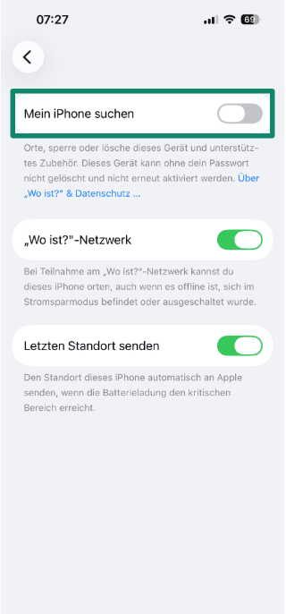 Find My iPhone settings screen showing the toggle switched off.