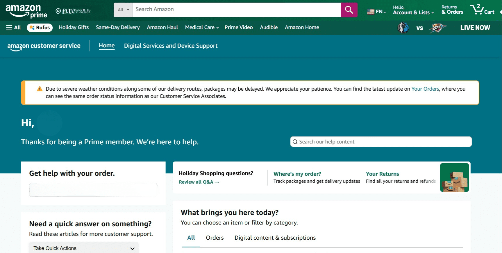 Open the Amazon customer service page and log in.