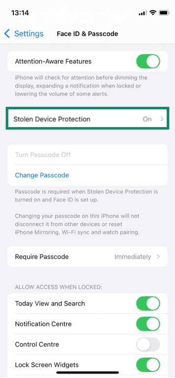 Turning on the "Stolen Device Protection" on an iPhone.