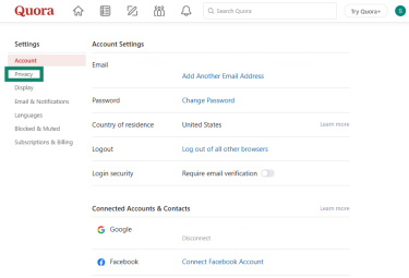 The Quora Account Settings menu is open and the privacy tab is highlighted.