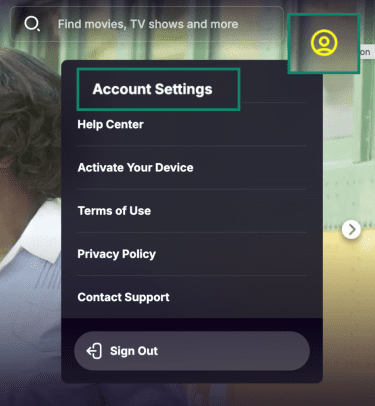 Tubi's Account Settings.