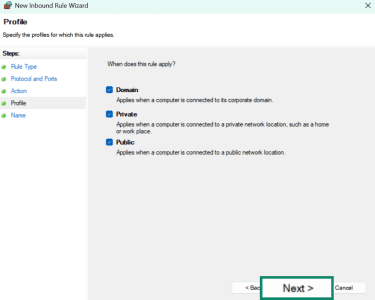 Windows New Inbound Rule Wizard showing rule application options and a highlighted Next button.