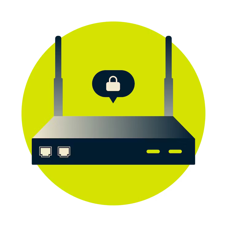 Router med en pratbubbla med ett lås inuti. 