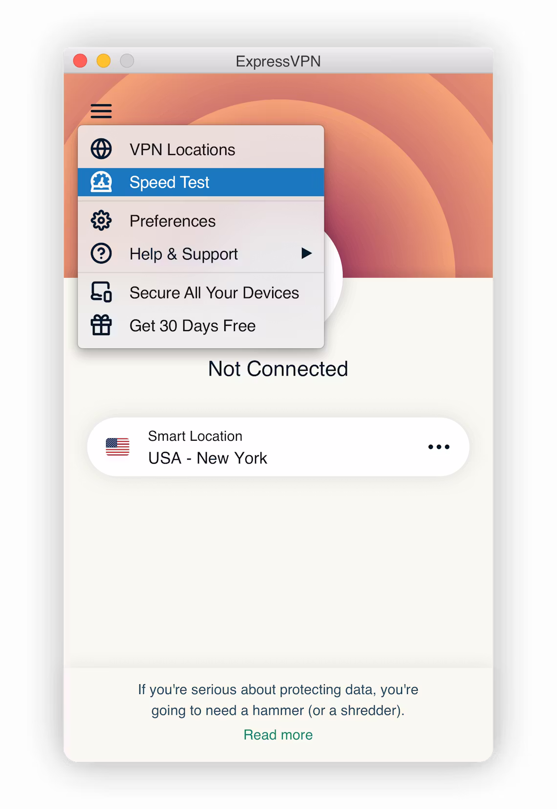 Auswahl von Speed Test auf der ExpressVPN-Schnittstelle.