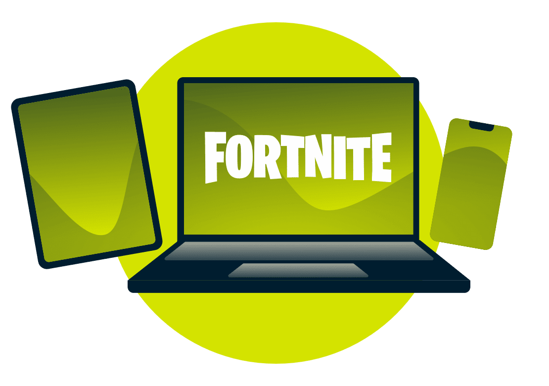 Çeşitli cihazlar üzerinde Fortnite logosu.