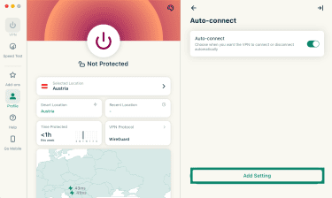 The auto-connect feature in the ExpressVPN macOS app, with the highlighted "Add Setting" button.