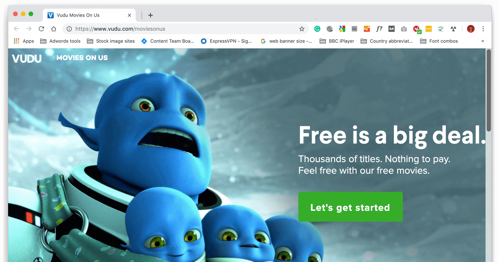 Captura de pantalla de la página de Vudu mostrando Movies On Us.