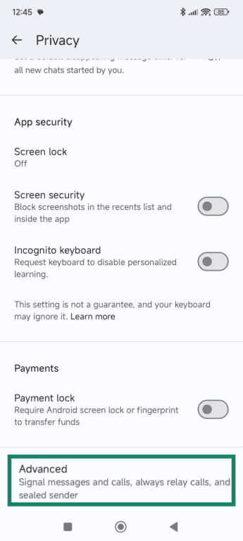 Advanced option at the bottom of the Privacy settings menu.