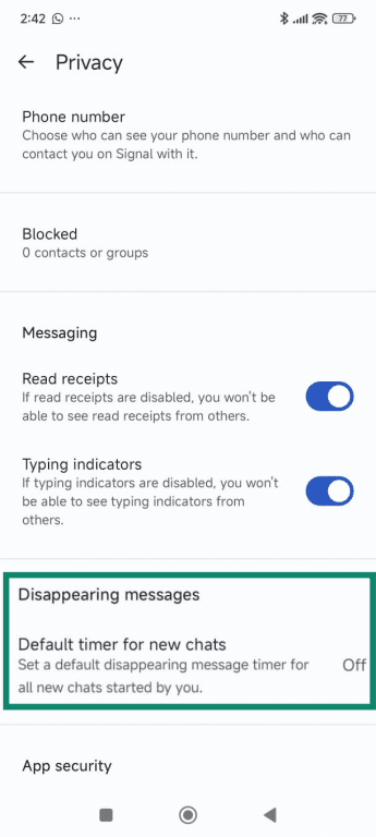 The Disappearing messages option is located near the bottom of the privacy settings page.