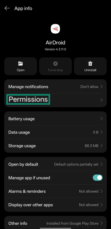 Opening the Permissions menu of a specific app on Android.