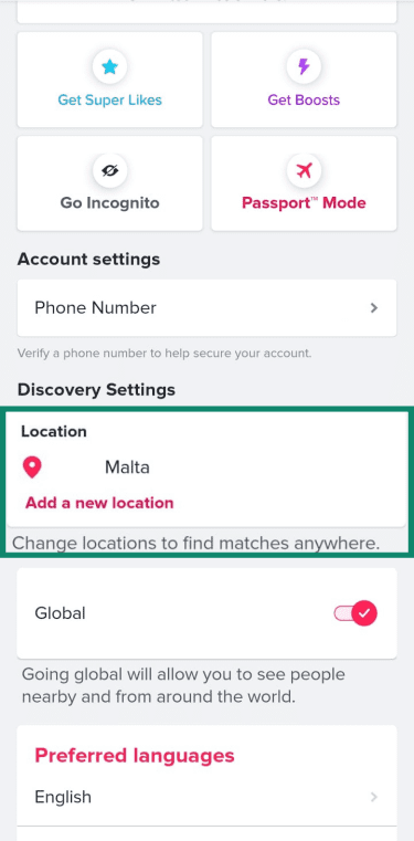 Tinder "Discovery Settings" menu with the "Location" section highlighted, currently set to Malta.