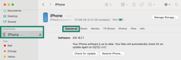 Mac Finder app with iPhone section on the left-hand menu highlighted along with the General tab