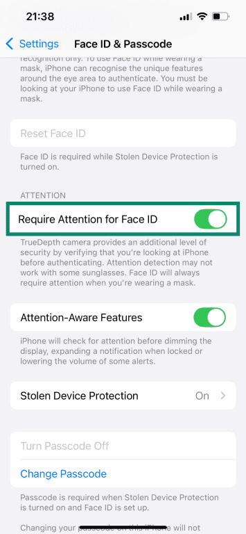 Screenshots of iOS Face ID & Passcode settings highlighting the "Require Attention for Face ID" option.