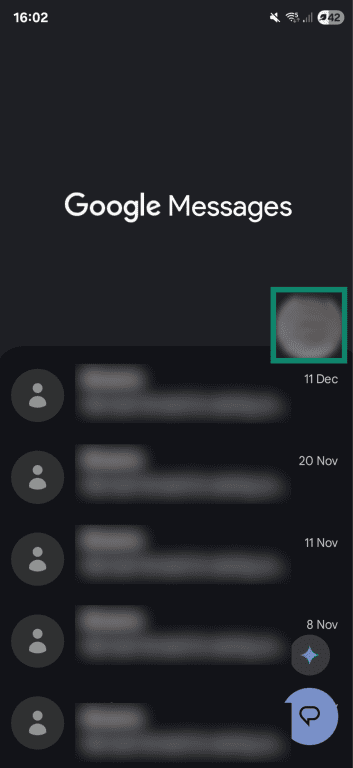 Google Messages with the user profile icon highlighted.