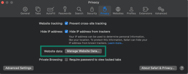 Safari Privacy settings window showing Website Data section with Manage Website Data button highlighted