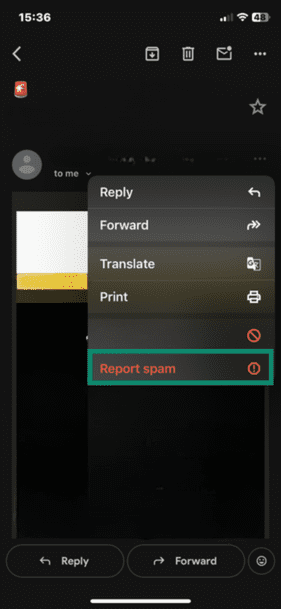 Gmail mobile app with email and email options menus open, highlighting the Report spam option