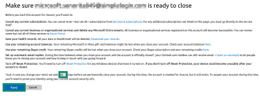 "Next" option highlighted in a Microsoft account closure notification screen.