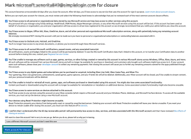 "Mark account for closure" option highlighted in a notification page from Microsoft.
