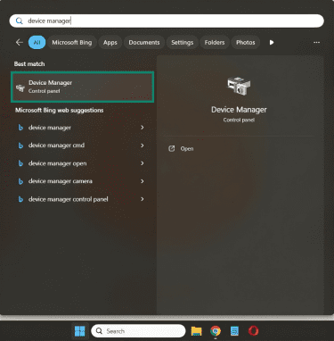 The Windows 11 Start menu. "Device manager" is typed into the search box, and the Device Manager app is highlighted.