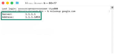 A Terminal window open on macOS, with the nslookup results highlighted.