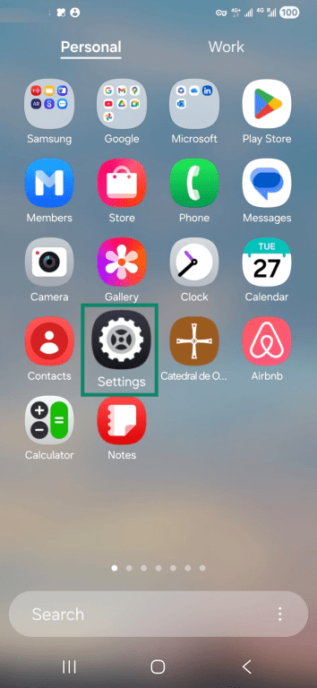 Settings icon in app library on Android
