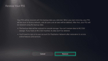 The "Restore Your PS5" confirmation screen on a PlayStation 5. The "Restore" button is highlighted.