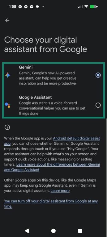 Google's digital assistance menu, highlighting the assistance options.
