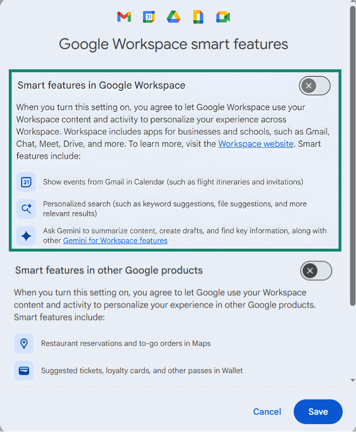 The Google workplace smart features menu found in Gmail, showing a toggled off state.