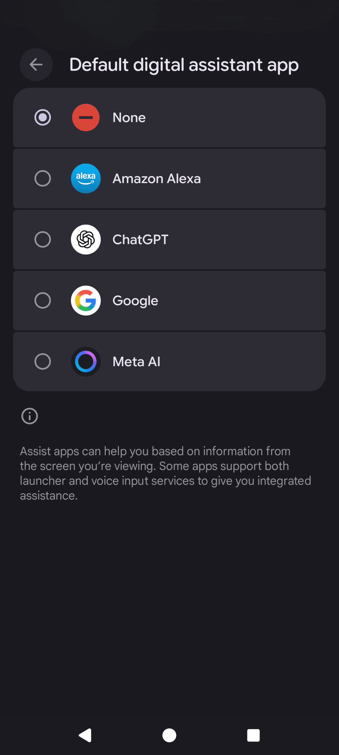The Android digital assistant option menu.