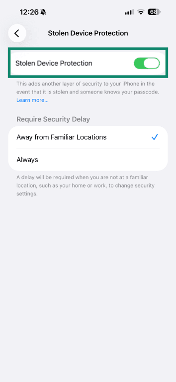 iOS Stolen Device Protection setting screen with the toggle switched on.