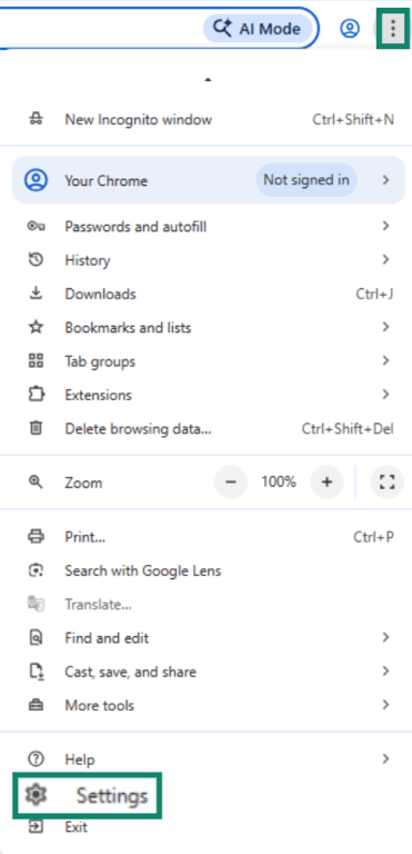 "Settings" option highlighted in the Google Chrome browser.