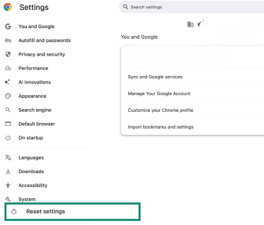 Chome settings with Reset settings highlighted.
