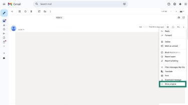 Gmail's inbox, with the Options menu showing the "Show original" option highlighted.