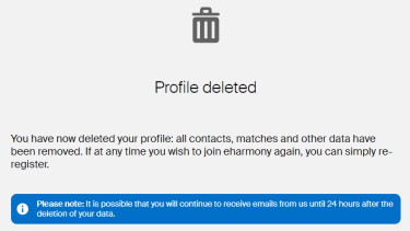 Profile deletion notification from eHarmony.