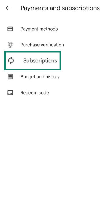 "Payment & subscriptions" option highlighted in the Google account settings on Android.