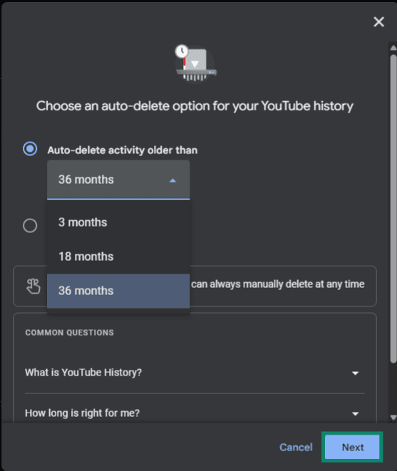 ouTube History auto-delete pop-up showing the time frame for auto-deleting YouTube history