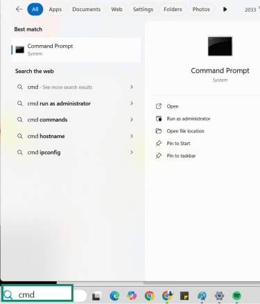 CMD is entered in the Windows search bar.
