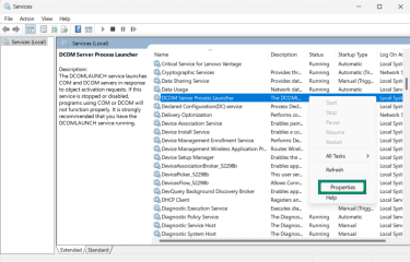 The Windows services window showing the menu option for DCOM server process launcher with properties highlighted.