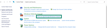 Windows control panel showing the Systems and security section, and Allow an app through Windows Firewall is highlighted.
