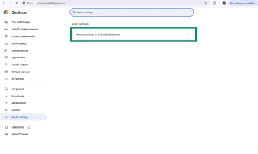 Chrome Reset settings page showing Restore defaults option